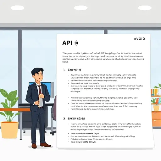 illustration of API documentation page with labeled sections: endpoint URLs, authentication, error codes, sample code area;
