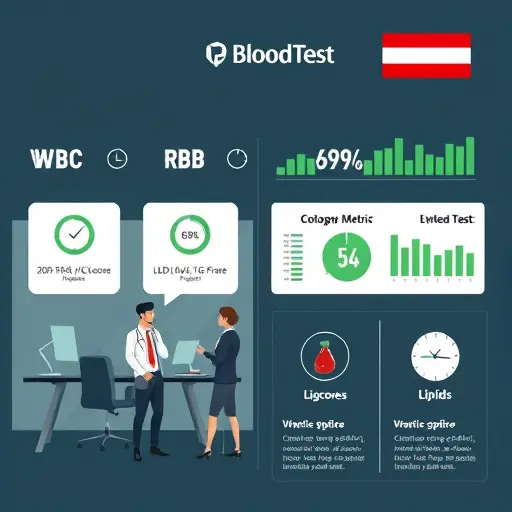 clean infographic-style illustration of common blood test metrics (CBC, glucose, lipids), icons for WBC, RBC, HbA1c, LDL/HDL/