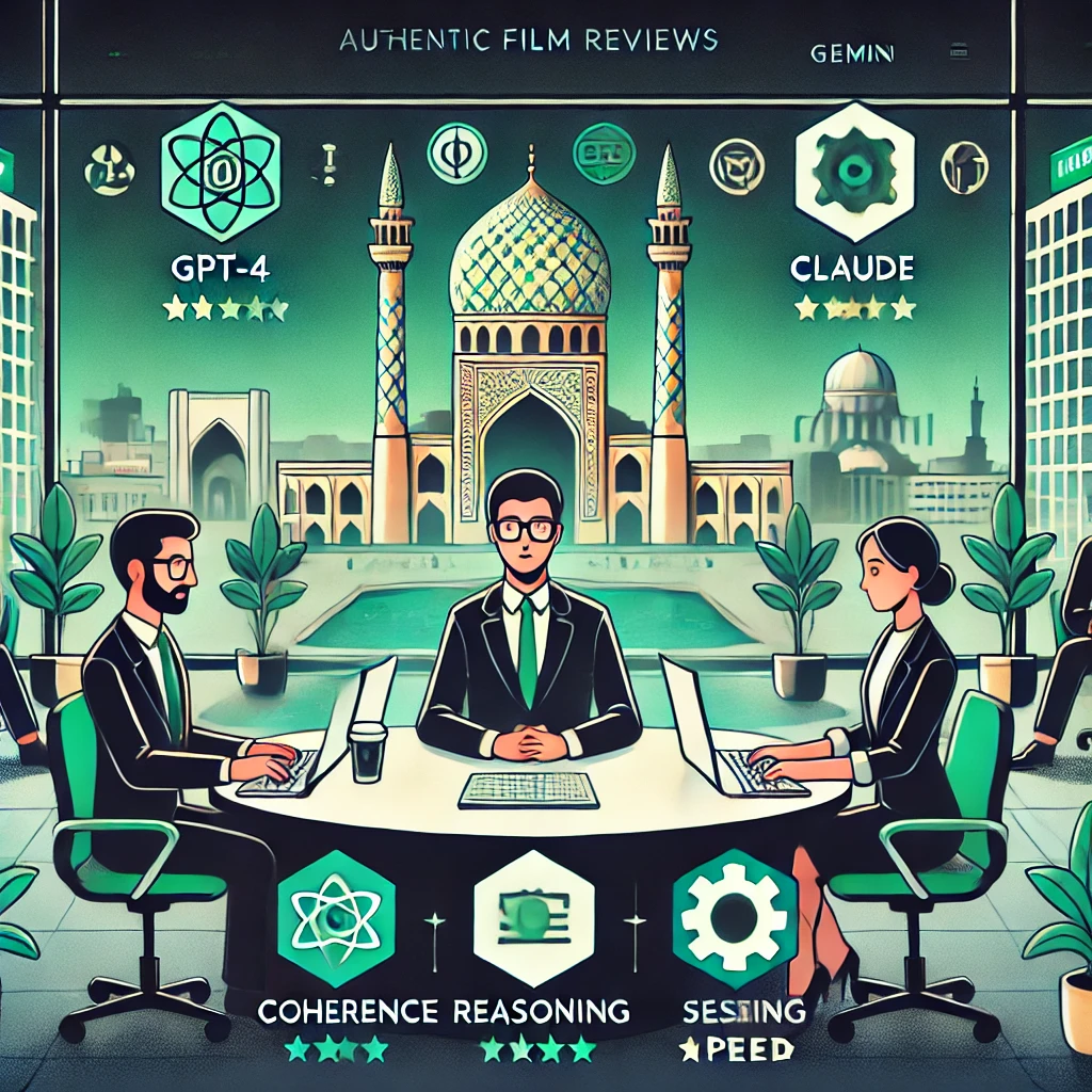 comparison chart illustration of AI models for film reviews, icons for GPT-4