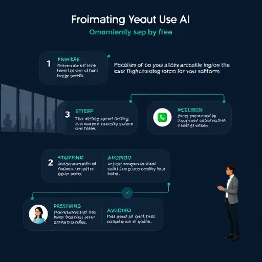 animated step-by-step flow of a user onboarding on an AI platform, numbered cards with icons (chat bubble, image icon, microphone), dark theme, green accents, clean, text-free