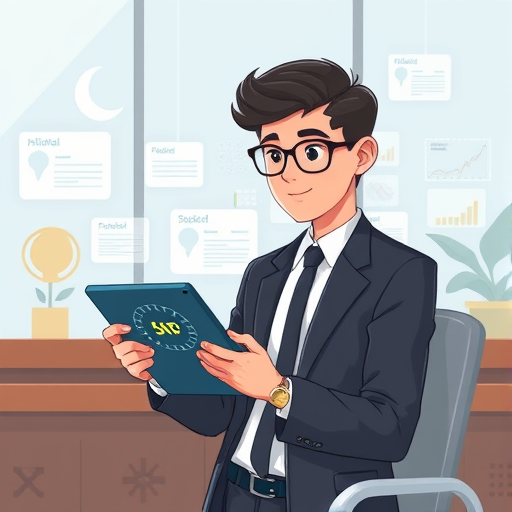 educational animated illustration, student using tablet with AI-