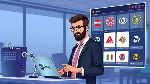 modern illustration of a business owner using GapGPT platform for logo creation, AI symbol, selection of unique logo samples, digital dashboard, text-free