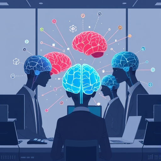 creative animated drawing of several digital brains with different colors symbolizing diverse AI models working together to solve a physics puzzle, energy beams, tech and science icons, minimalistic, no text