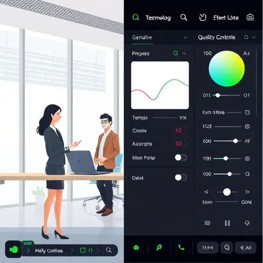 professional illustration of quality controls: white balance, shadows, grain, blur, and curves panel, dark theme UI, green accents, clean minimalist, text-free