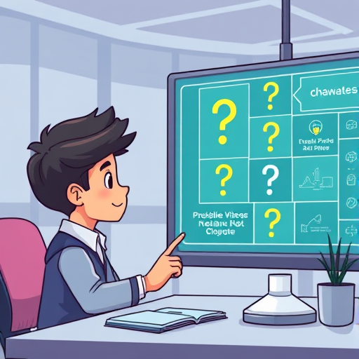cartoon style depiction of a child solving a puzzle with the help of an animated AI chatbot, digital board with question marks and lightbulbs, clean style, no text