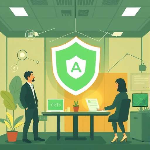 abstract tech illustration representing AI ethics and data security, shield and watermark icons over cartoon images, green and amber color scheme, text-free