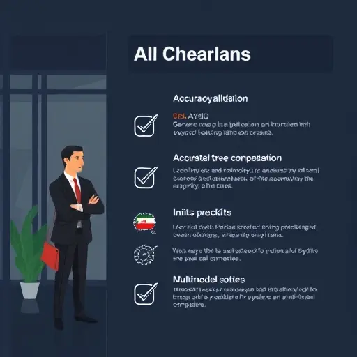 animated checklist illustration showing AI accuracy validation steps, icons for calibration, units, timelines, and multi-model comparison, minimalistic, dark theme, no text