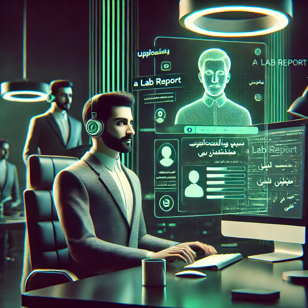 step-by-step cartoon guide of uploading lab report and getting instant AI-