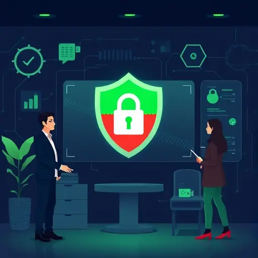 privacy and security illustration: shield, lock, masked data, dashboard toggles, Iranian geometric patterns subtly in background, dark theme, green accent, text-free