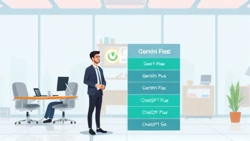 comparison chart illustration of Gemini 2.0 Flash versus ChatGPT Plus and ChatGPT Go, cartoon style, tech icons, green and blue highlights, no text