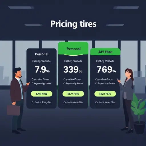 modern pricing tiers illustration, dark UI cards with green accent, icons for personal, team, and API plans, clean tech style, text-