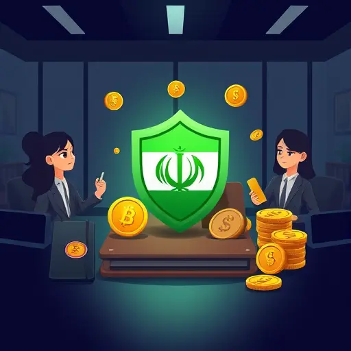 illustration of an Iranian wallet and coins with AI token icons, a green shield showing “no sanctions-breaker needed”