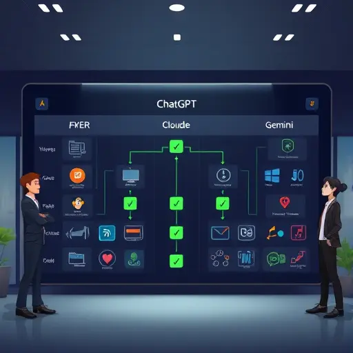 modern comparison board of AI models (ChatGPT, Claude, Gemini) with icons, decision tree arrows for tasks like OCR, reasoning, summarization; dark theme, green accents, clean, text-free