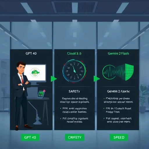 three-column comparison illustration of GPT-4o, Claude 3.5, and Gemini 2 Flash, icons for reasoning, safety, and speed, clean dark UI, green accents, text-free