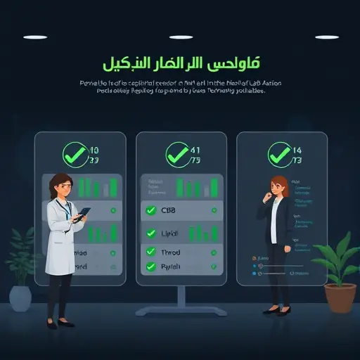 animated infographic showing lab test panels (CBC, lipid, thyroid) with green checkmarks, speed icons, and simple AI reasoning symbols;