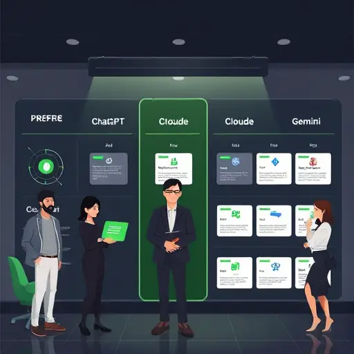 comparison board illustration of AI models (ChatGPT, Claude, Gemini) with icons and use-