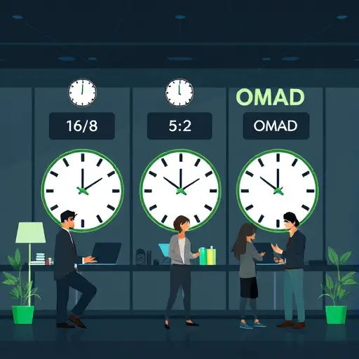 comparison illustration of intermittent fasting methods 16/8, 5:2, and OMAD using abstract clocks and icons;; modern cartoon style; clean, text-free
