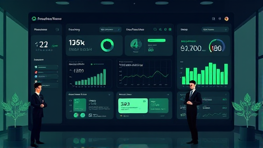 animated dashboard interface illustrating productivity boosts with AI, sleek cards, statistics, team collaboration graphics, dark background with green highlights, technology-inspired, text-free