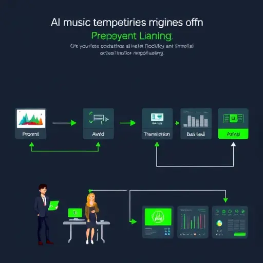 cartoon-style pipeline diagram for AI music composition: prompt input, tokenization, transformer/diffusion model, multi-track stems (drums, bass, pad, lead), mixing & mastering, dark UI, green highlights, no text