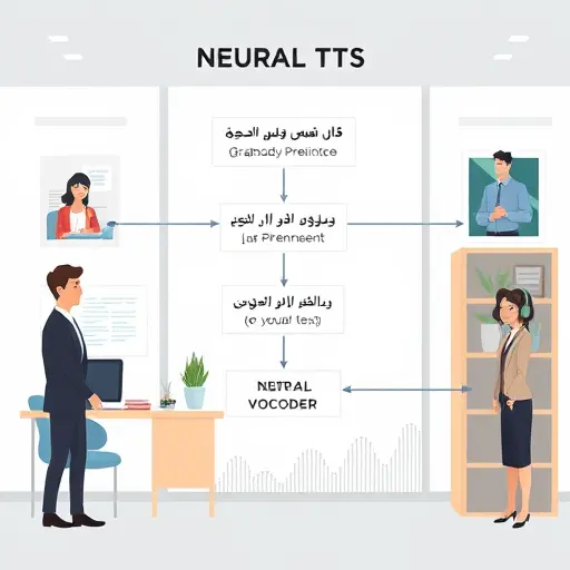 clean illustration of a neural TTS pipeline: text normalization, grapheme-to-phoneme, prosody prediction, acoustic model (mel-spectrogram), neural vocoder;