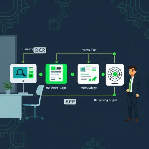 cartoon-style illustration of an AI pipeline for lab test analysis: camera/pdf icon to OCR block, then NLP understanding, reference range comparator, and reasoning engine;