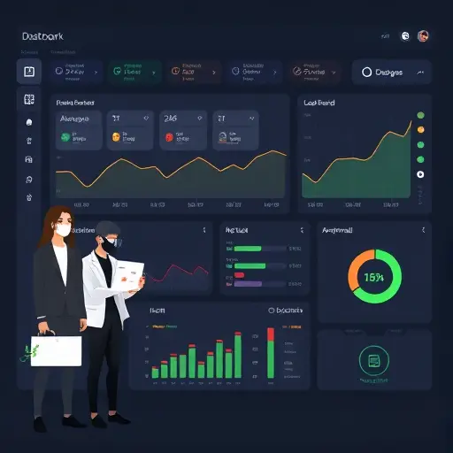 modern dark-themed dashboard illustration showing anonymized lab test panels, trend line graph, green and red flags for normal/abnormal, and a privacy shield icon;
