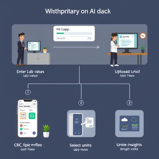 step-by-step workflow illustration showing an AI app where a user enters lab values (CBC, lipid profile)