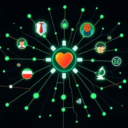 abstract neural network connecting medical icons (blood drop, heart, microscope)#94d3a2