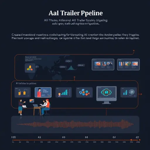 cinematic AI trailer creation pipeline illustration, storyboard frames, video timeline, audio waveform, AI icons (chat, camera, music)
