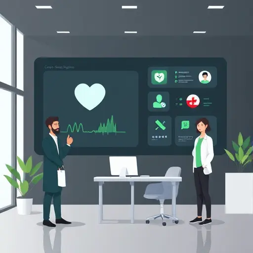 modern illustration showing an AI medical assistant interface with health icons (stethoscope, pill, heartbeat)