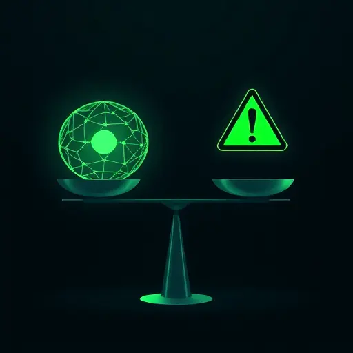 abstract illustration of AI accuracy vs limitations balance scale, neural network patterns on one side and caution sign on the other, dark background, green accents, text-free