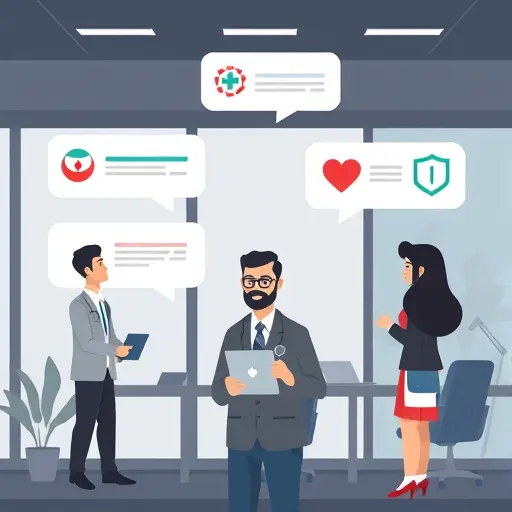 clean flat illustration of an AI assistant answering medical questions in chat bubbles, with icons of stethoscope, heart, pill, and privacy shield;