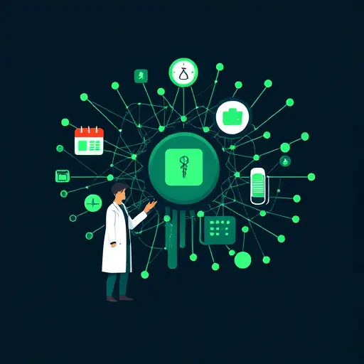 abstract illustration of a neural network blended with medical symbols (calendar, test tube, medicine bottle)