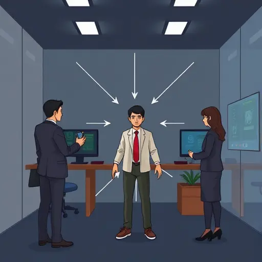 cartoon-style illustration of a character rig with bones and controllers, motion capture arrows transferring human pose to a 3