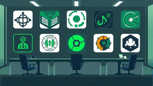 flat style cartoon illustration of multiple unique logo icons, futuristic AI design elements, green and dark theme, imaginative technology motif, no text