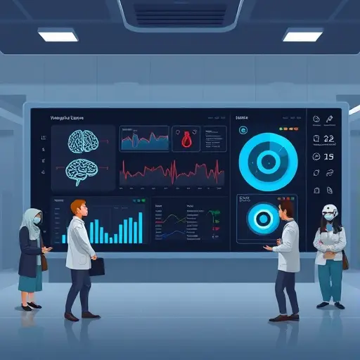 illustrated Iranian hospital dashboard with AI icons (brain, heartbeat, radiology)