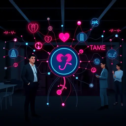 abstract AI + healthcare illustration, neural network patterns connecting medical icons (stethoscope, ECG, X-ray), sleek dark theme, cinematic lighting, text-free