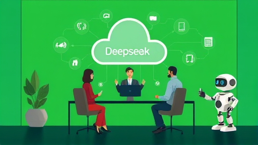 modern cartoon-style illustration of cloud artificial intelligence services, vibrant green and dark backgrounds, symbolic Deepseek and AI models, no text