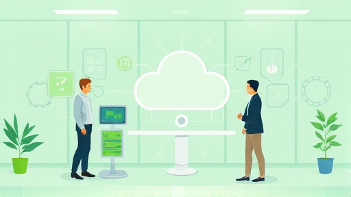 clean technology concept art showing cloud computing and artificial intelligence working together, green accent colors, cartoon style, text-free