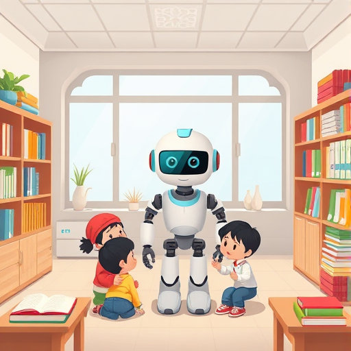 animated classroom setting with children interacting with AI-