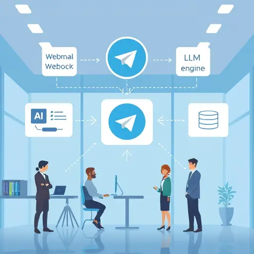 abstract architecture illustration of an AI Telegram responder: webhook node, LLM engine block, settings/memory database icon, arrows connecting to Telegram paper airplane logo, minimalist tech style, text-free