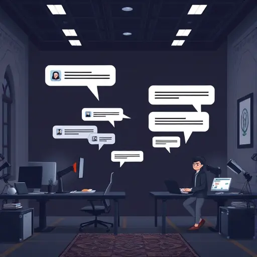 modern animated illustration of a chatbot interface, AI speech bubbles exchanging with a user in a dark-