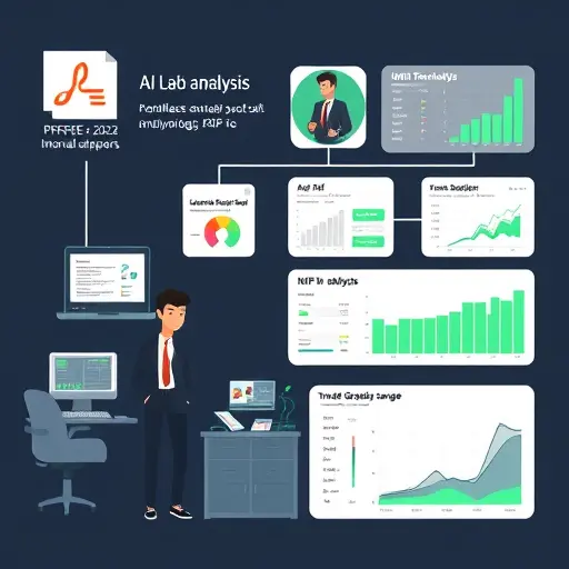 animated illustration of an AI lab analysis pipeline: OCR extracting values from a PDF, NLP recognizing test names, unit normalization module, reference range comparison by age and gender, trend graph analysis;