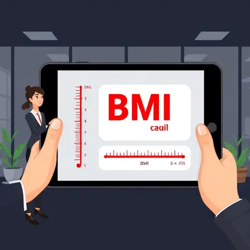 cartoon style illustration showing BMI calculation on a tablet: height scale, weight scale, and a simple formula panel;#171717
