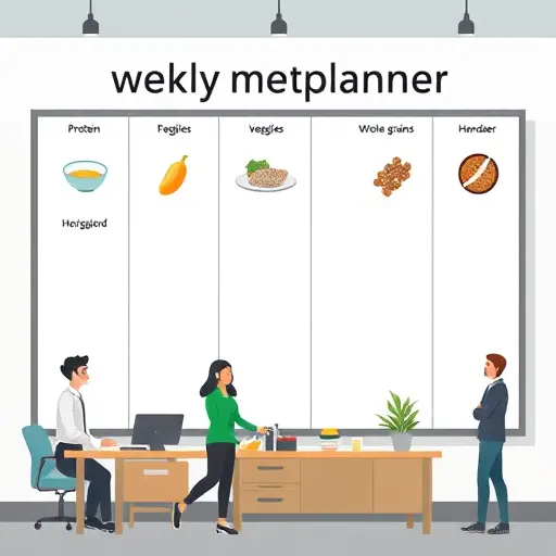 weekly meal planner board illustration: seven columns with icons for protein, veggies, whole grains, and hydration reminders;
