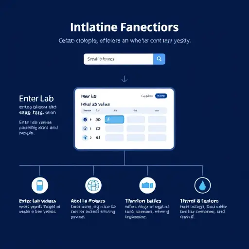 step-by-step infographic illustration of entering lab values into an AI tool, numbered steps, clean dark theme UI, icons for blood test, glucose, lipids, thyroid, text-free