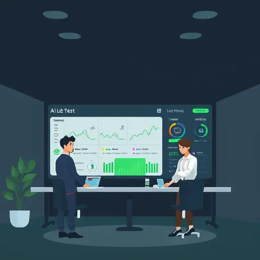 cartoon style illustration of an AI lab test interpretation dashboard with a dark #171717 background and green #94d3a2