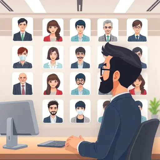 animated character choosing between various AI-generated profile pictures, each reflecting different styles and professions, colorful, clean design, no text