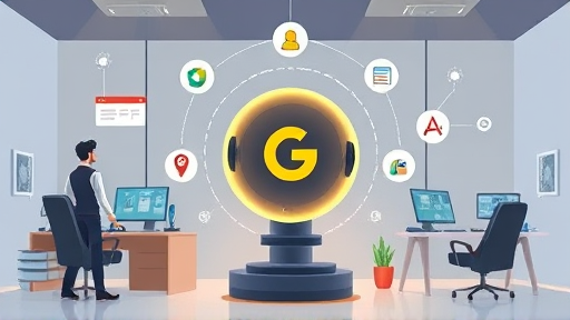 animated illustration showcasing Google's Gemini AI model, surrounded by icons representing chatbots, data analysis, translation, and image processing;