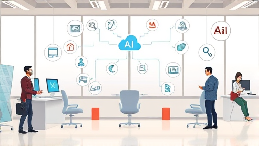 detailed cartoon illustration of cloud-based AI services, icons representing translation, content creation, education, and business integration, futuristic and clean design, no text